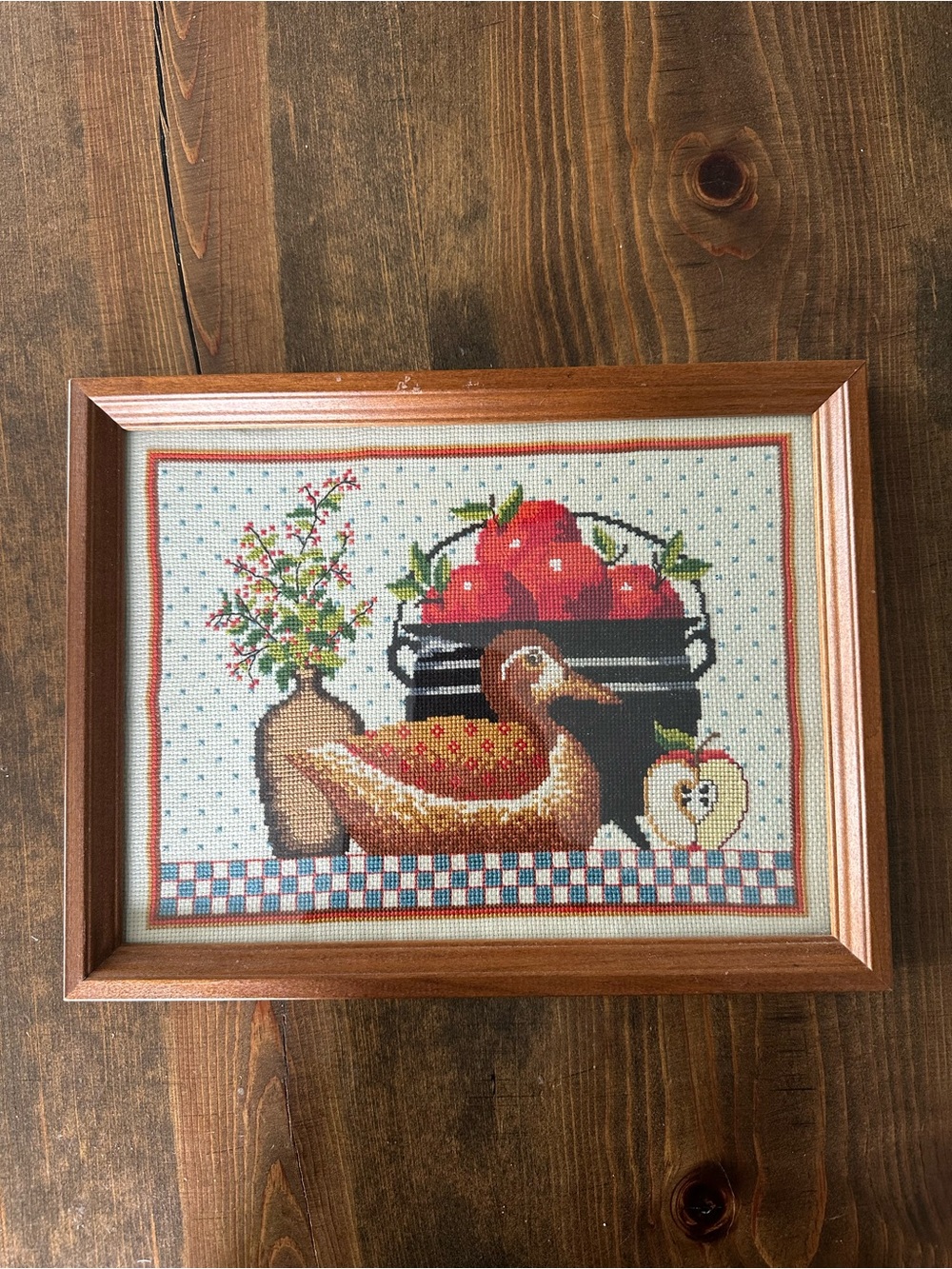 Vintage Handmade Duck Needlepoint Framed Art Grandmillennial Cottagecore